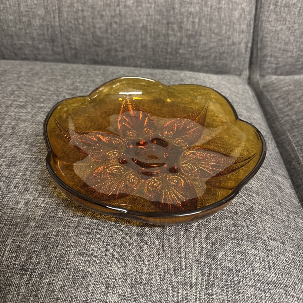 Amber Glass Renaissance Beaded Leaf Flower Bowl MCM Vtg 1960's